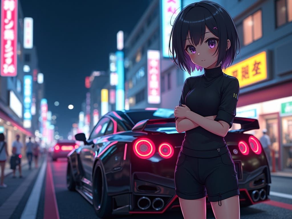 Anime Girl Stands on Tokyo Streets with Nissan GT-R GT3