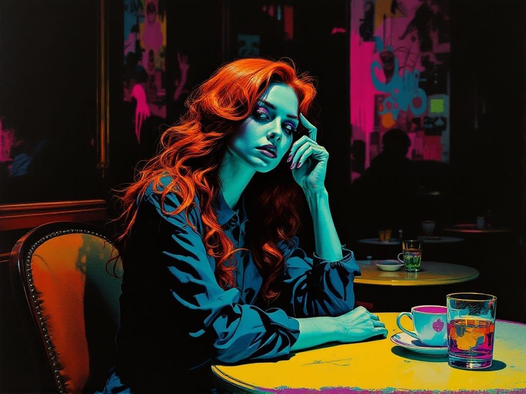 Dark Pop-Art Café Scene with Fashionable Woman