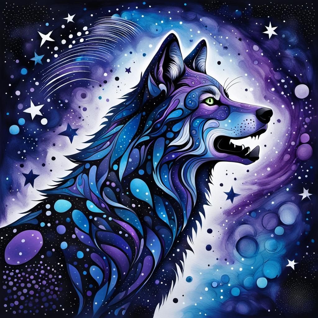 Cosmic Wolf in Abstract Expressionist Ink