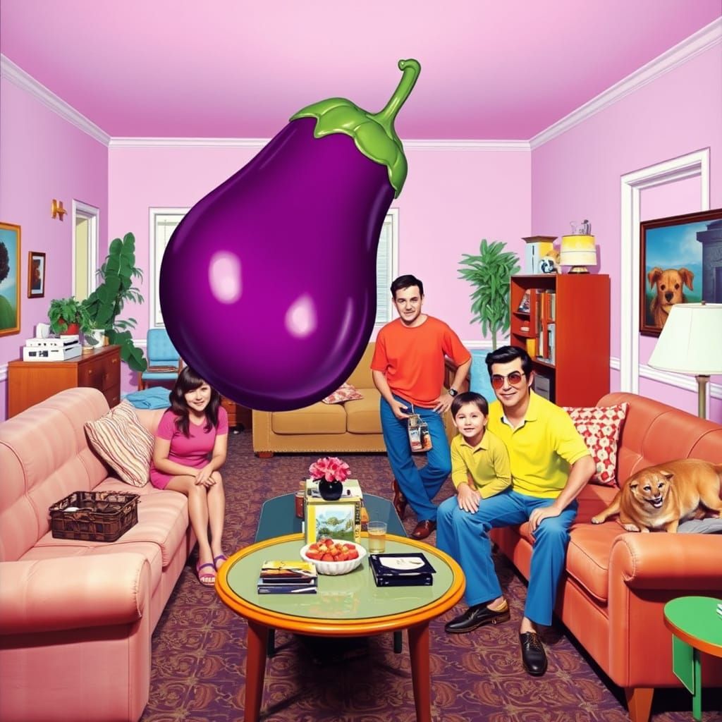 Vibrant 80s Family Scene with a Bouncing Eggplant