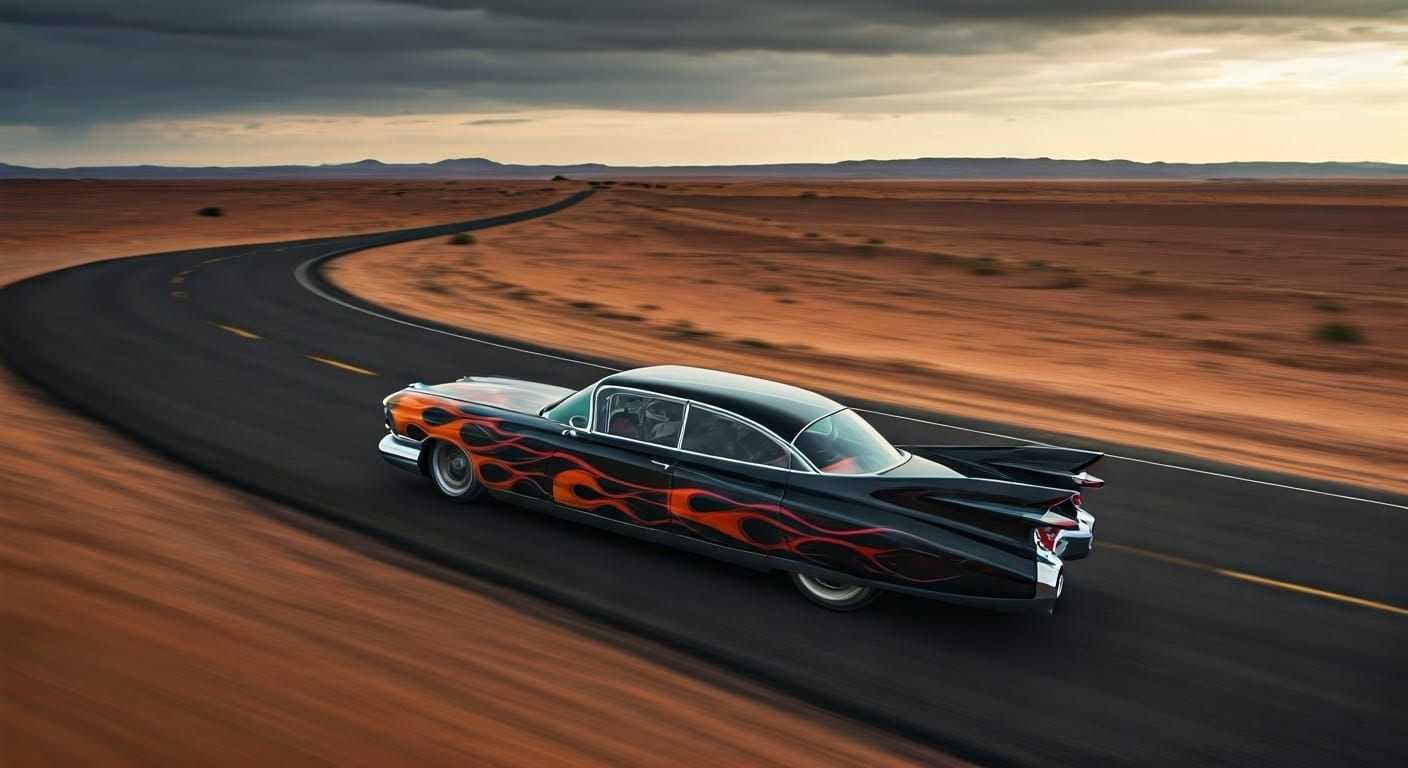 Vintage Cadillac Speeds Down Desert Highway Through Heat Haz...
