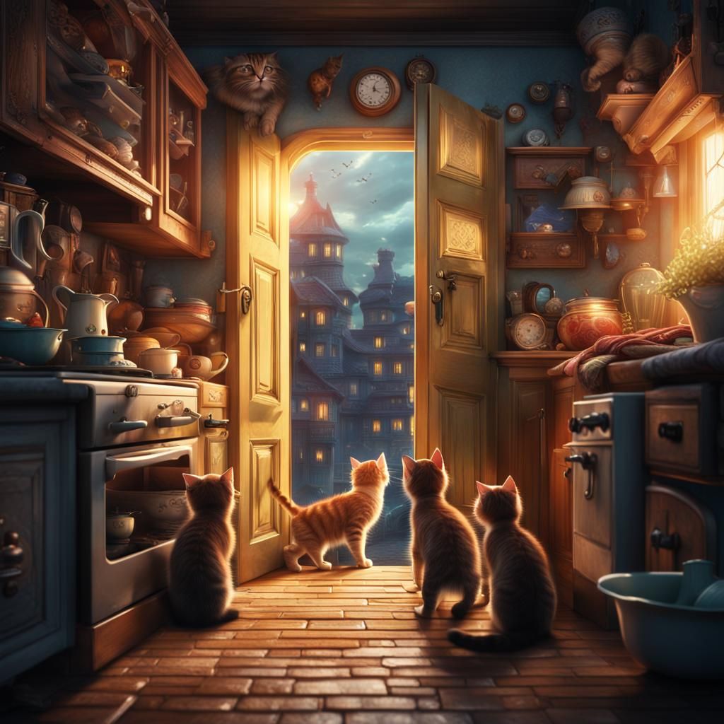 Kittens Explore Kitchen in Digital Matte Painting