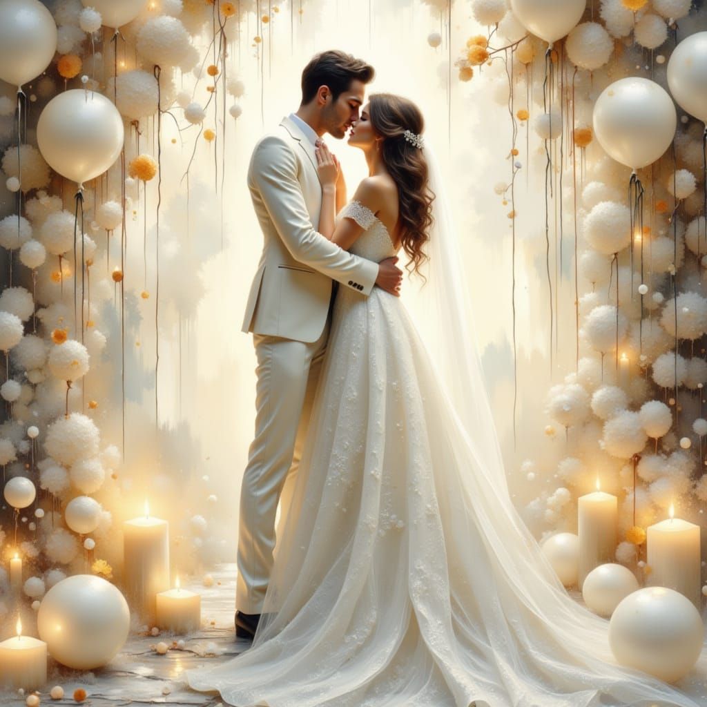 Ethereal Bride and Groom in White Oil Painting Style