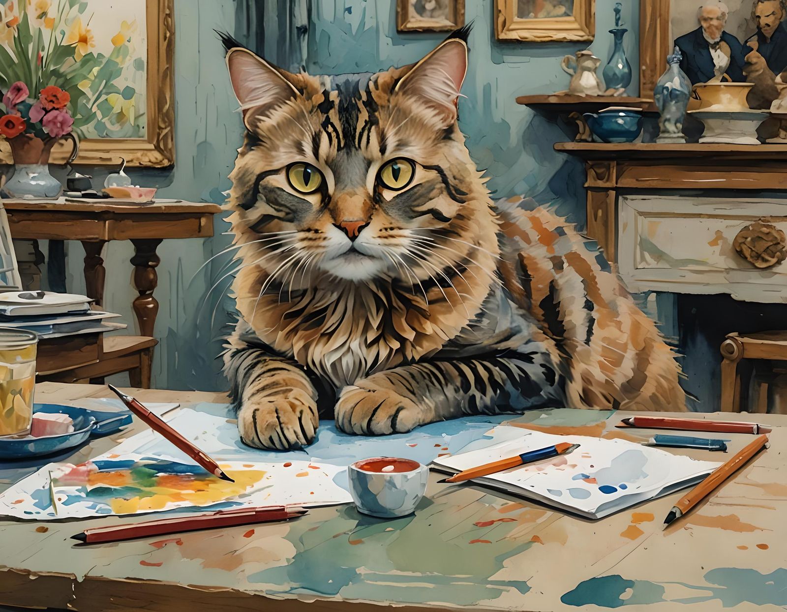 Realistic Cat's Gouache and Watercolor Masterpiece