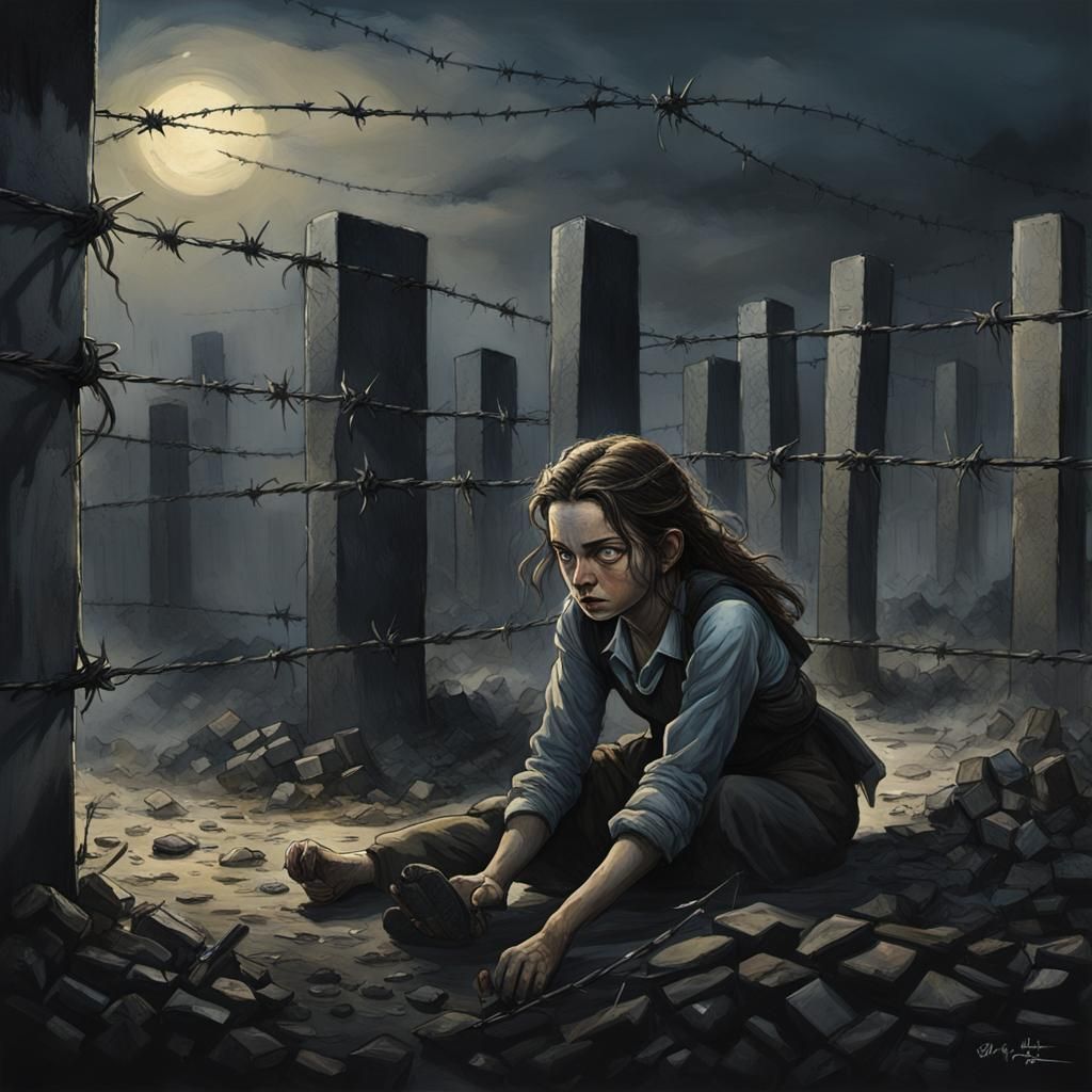 Girl Crawling Under Barbed Wire: Hyperrealistic Concept Art