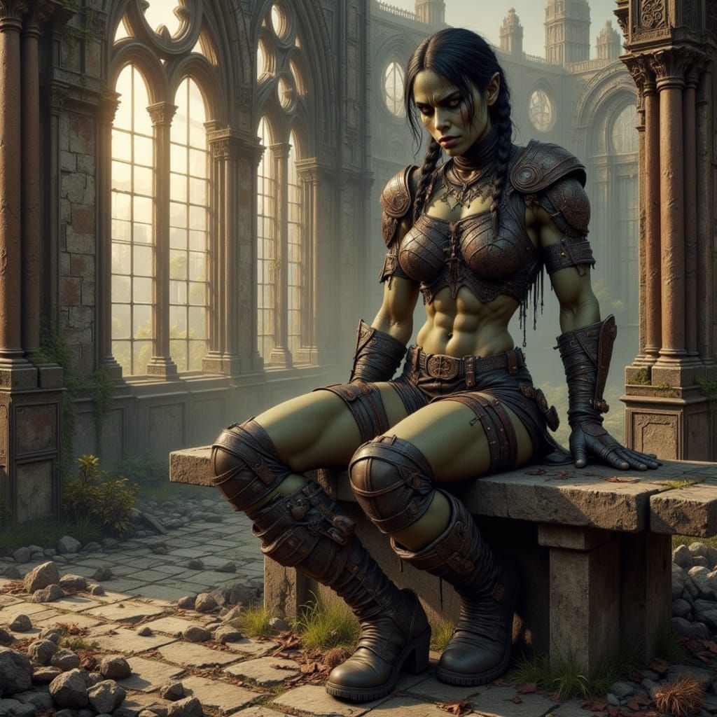 Ethereal Female Orc Amidst Gothic Decay