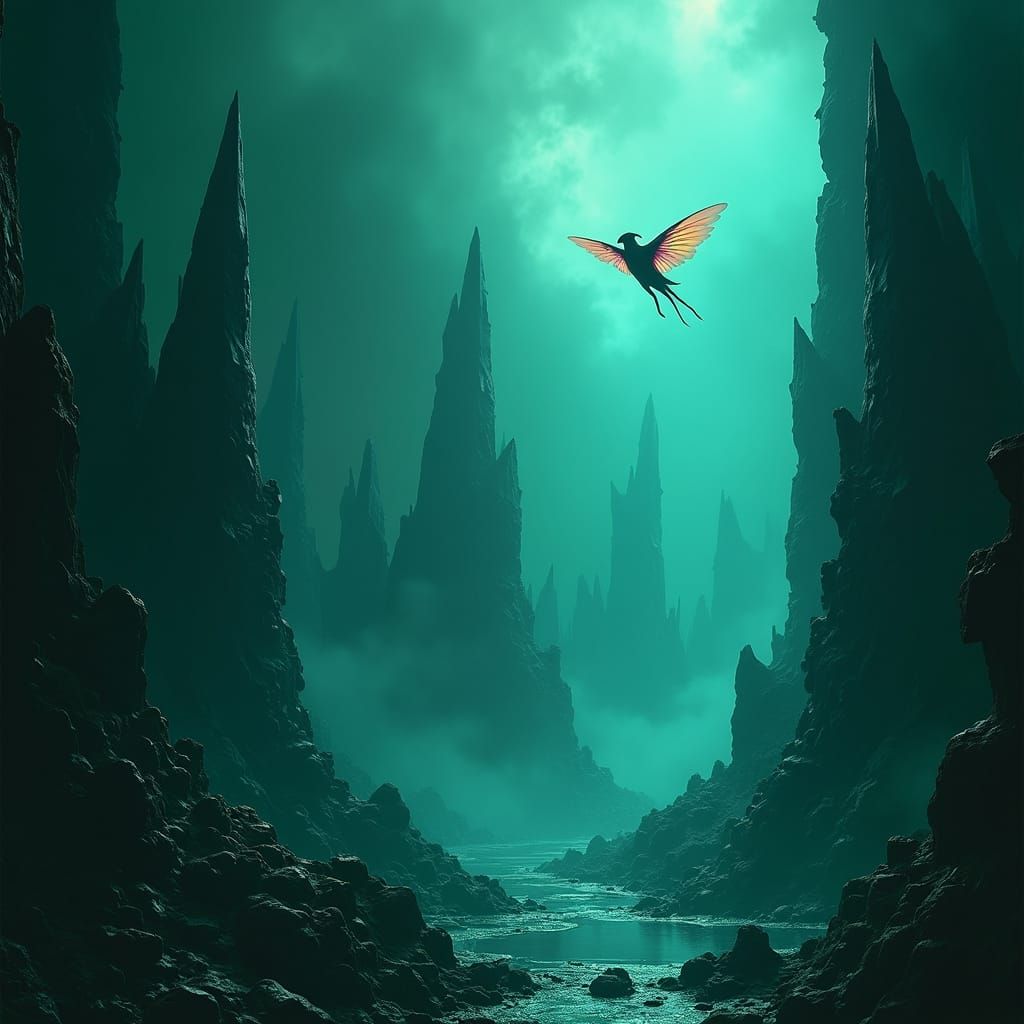 Iridescent Creature Soaring Over Alien Planet