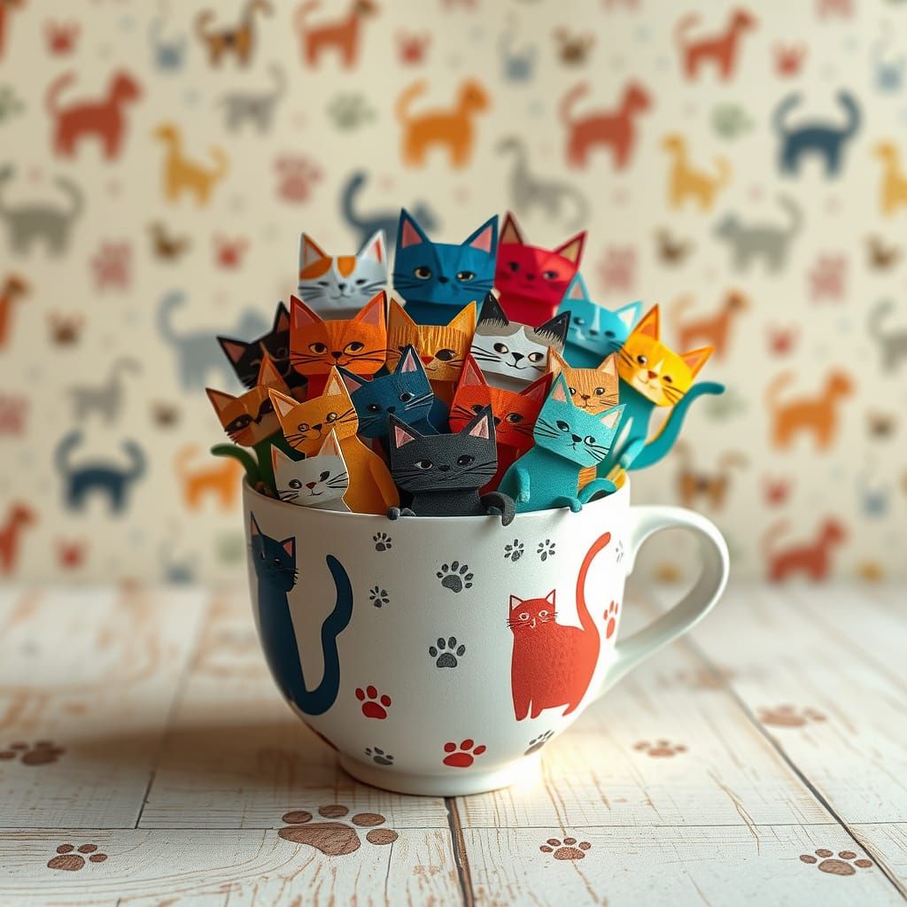 Whimsical Cats Spill Out of a Vintage Coffee Cup