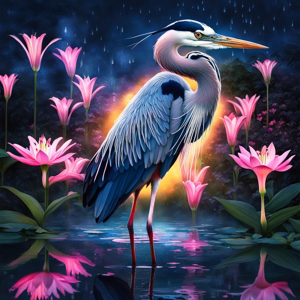 Luminous Blue Heron in Lily Garden at Night