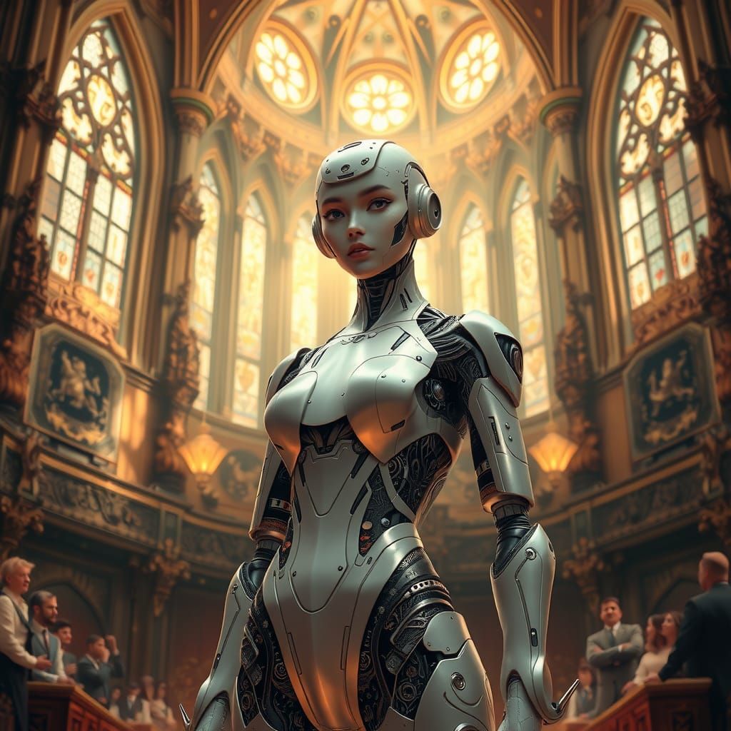 Elegant Android Girl in Royal Hall: Futuristic Portrait