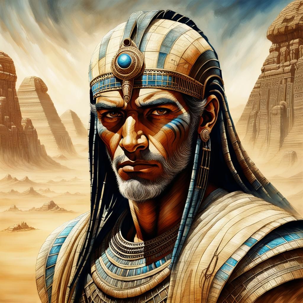 Desert Man Portrait on Papyrus in Mixed Media