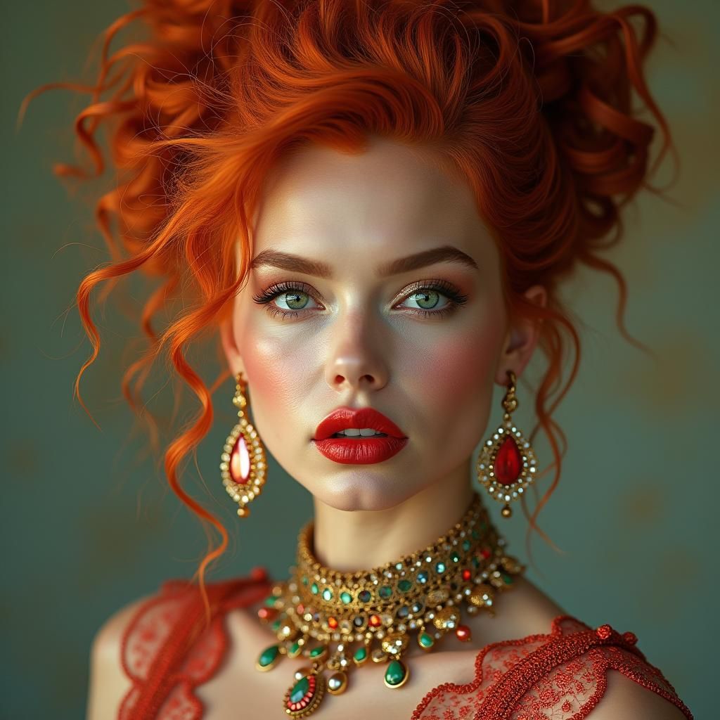Striking Supermodel Portrait with Red Hair and Jewels