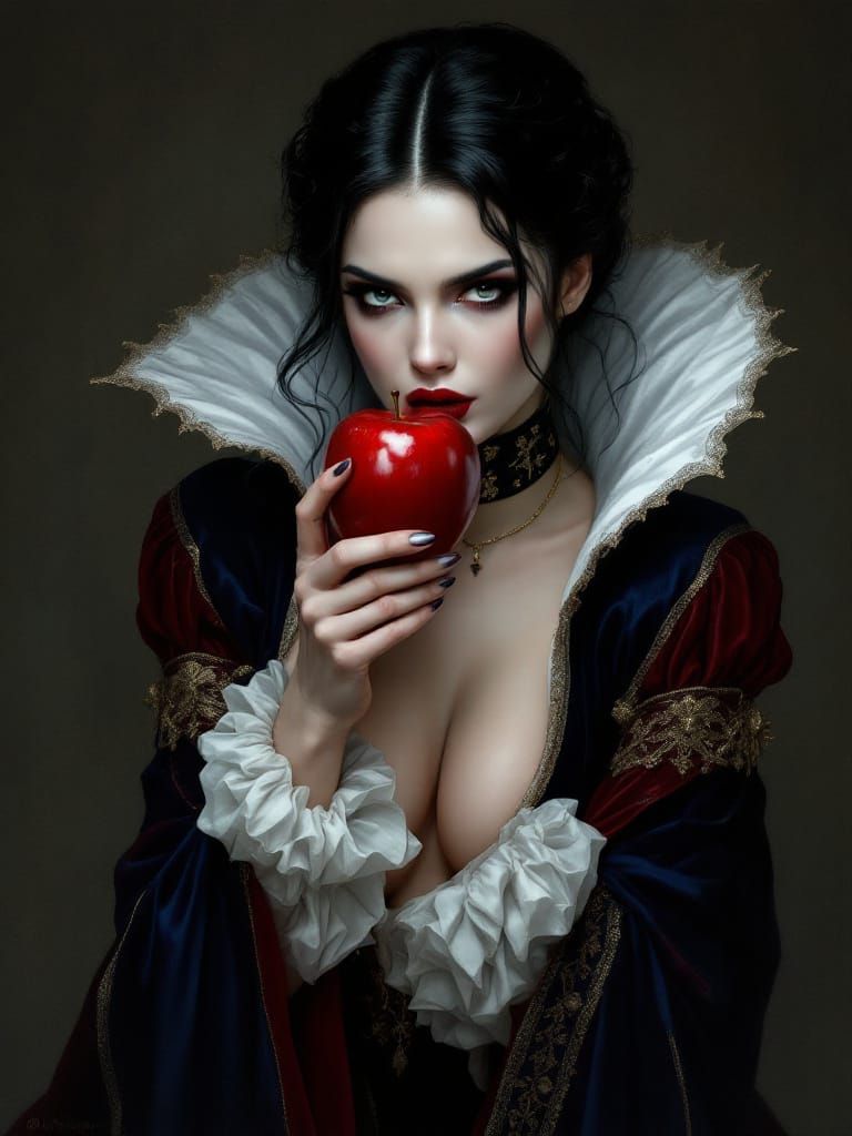Dark Fairytale Queen With Apple in Enchanted Forest