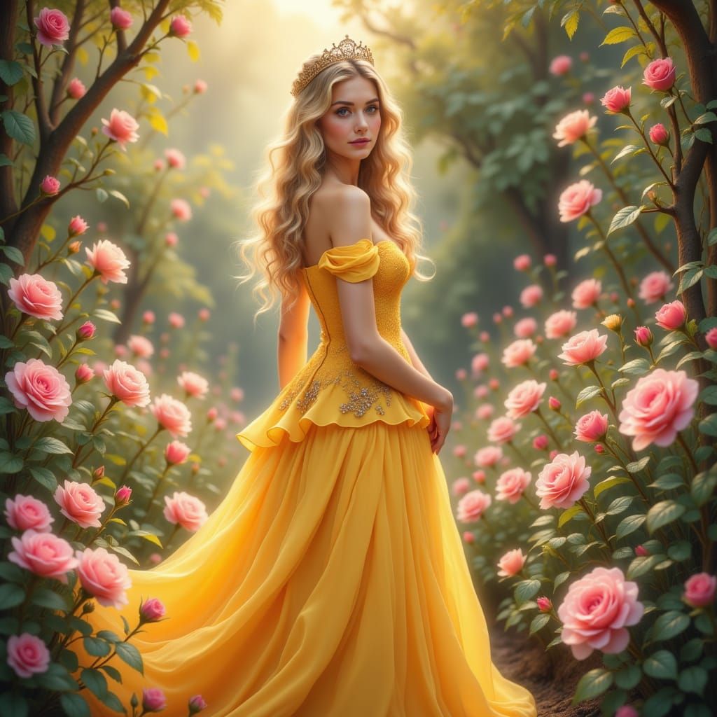Princess in Yellow Rococo Gown in Rose Garden