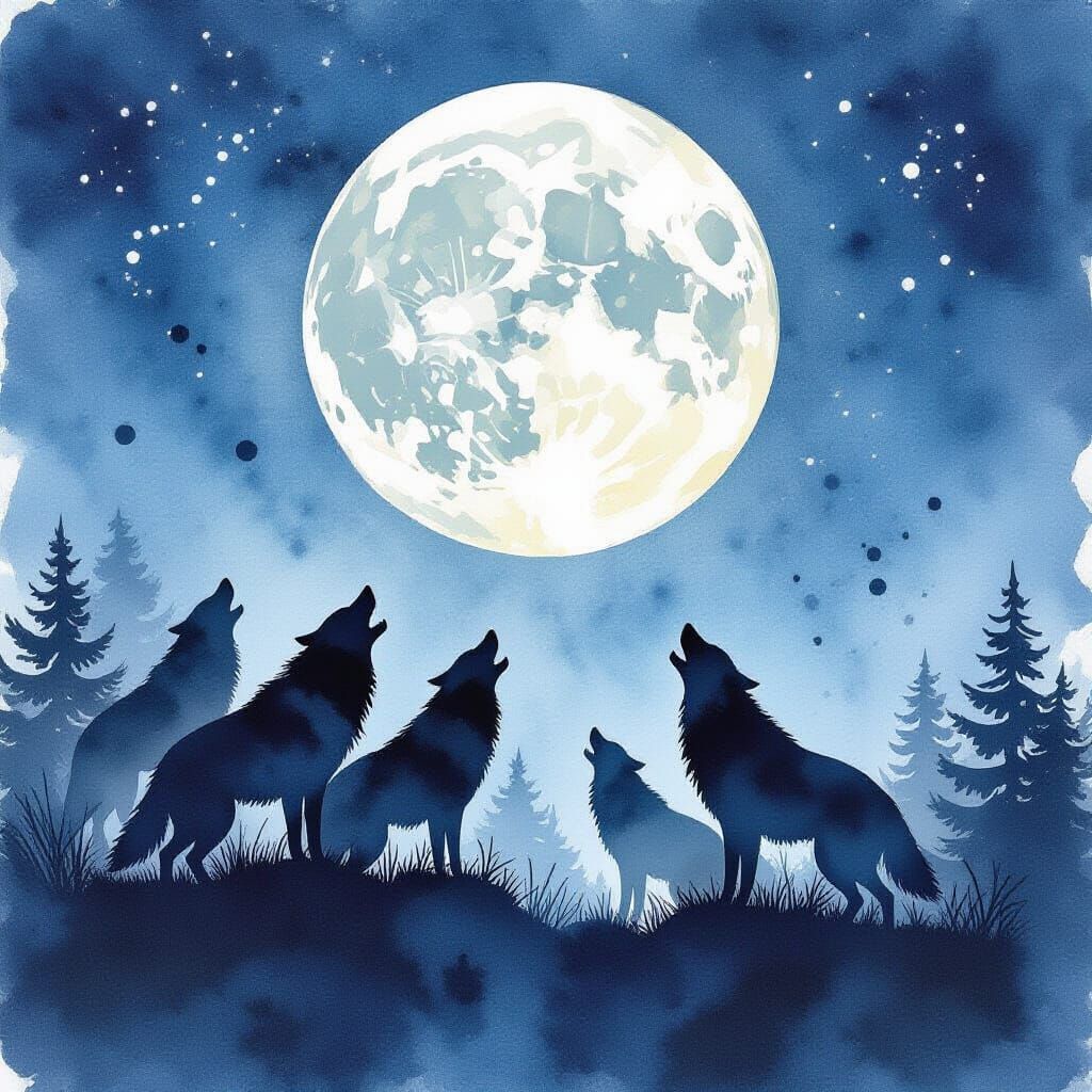 Wolves Howling at Moon in Watercolor Style