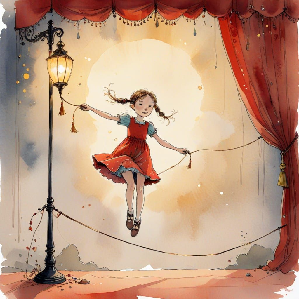 Girl on Tightrope in Whimsical Ink Illustration