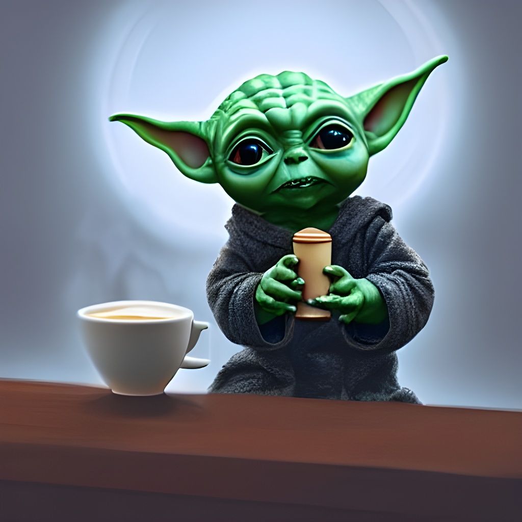 Baby Yoda at Cafe, Hyperdetailed Digital Art