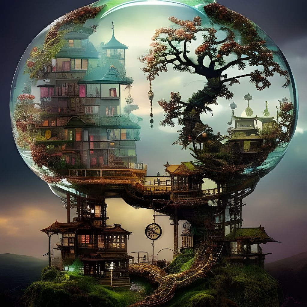 Clockpunk Bonsai Village in Glass Terrarium