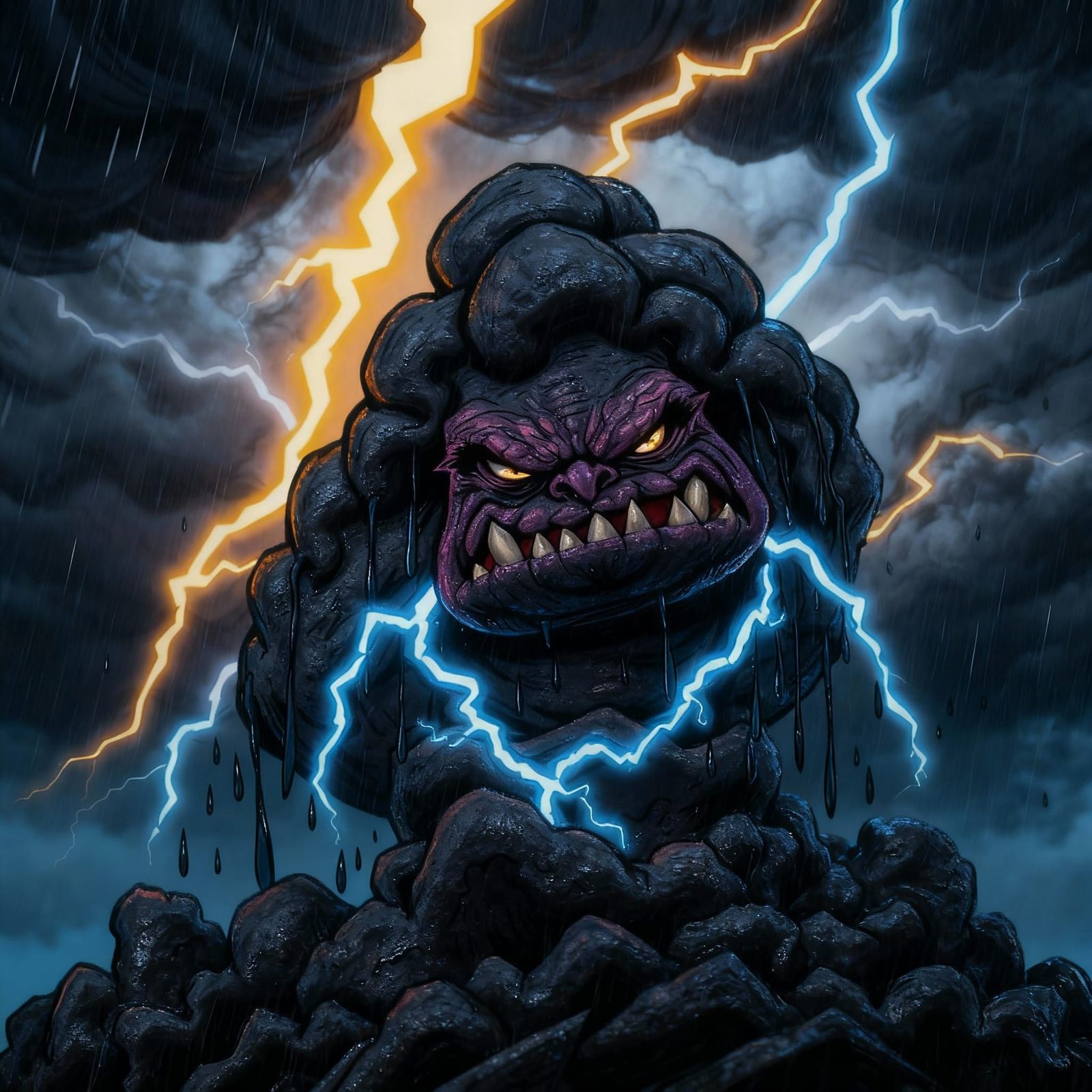 Grumpy Thunderstorm Creature with Jagged Lightning