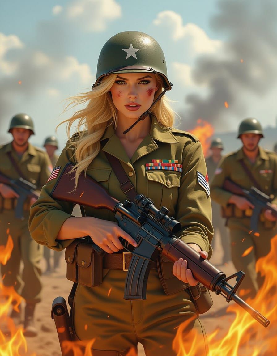 WW2 Soldier Amidst Fire, Fierce Yet Beautiful
