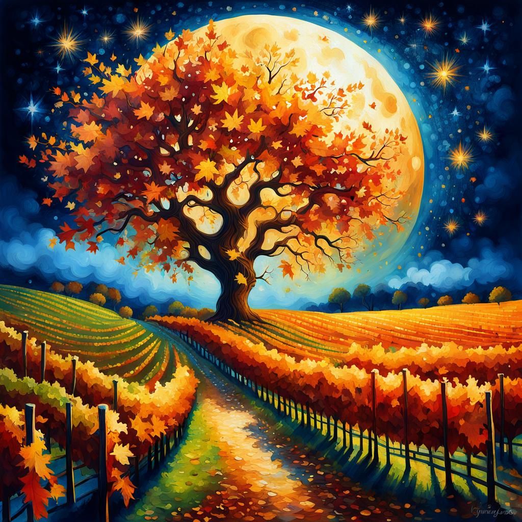 Autumn Vineyard with Shooting Stars Digital Painting