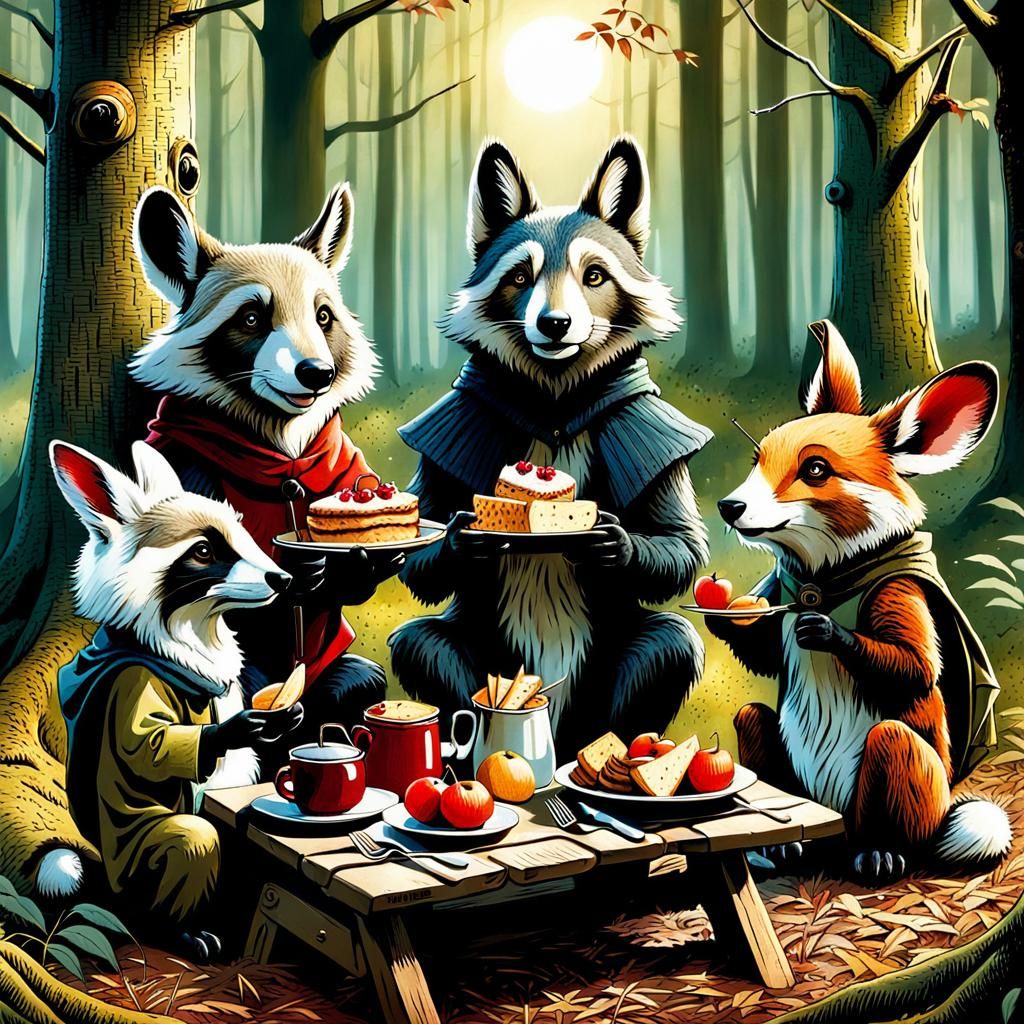 Whimsical Animal Picnic in the Woods Illustration