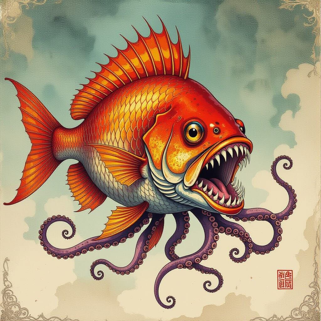 Eldritch Cosmic Horror Fish in Moody Watercolor Style