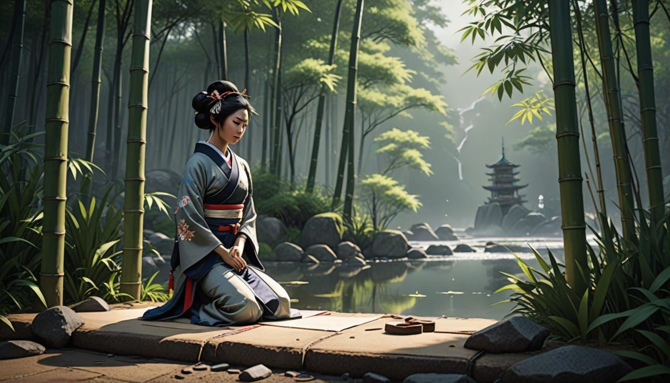 Geisha Practicing Calligraphy in Japanese Ink Painting Style