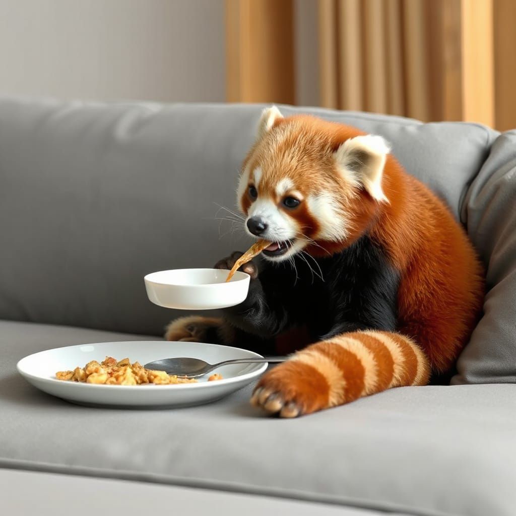 Red Panda Eating on Sofa