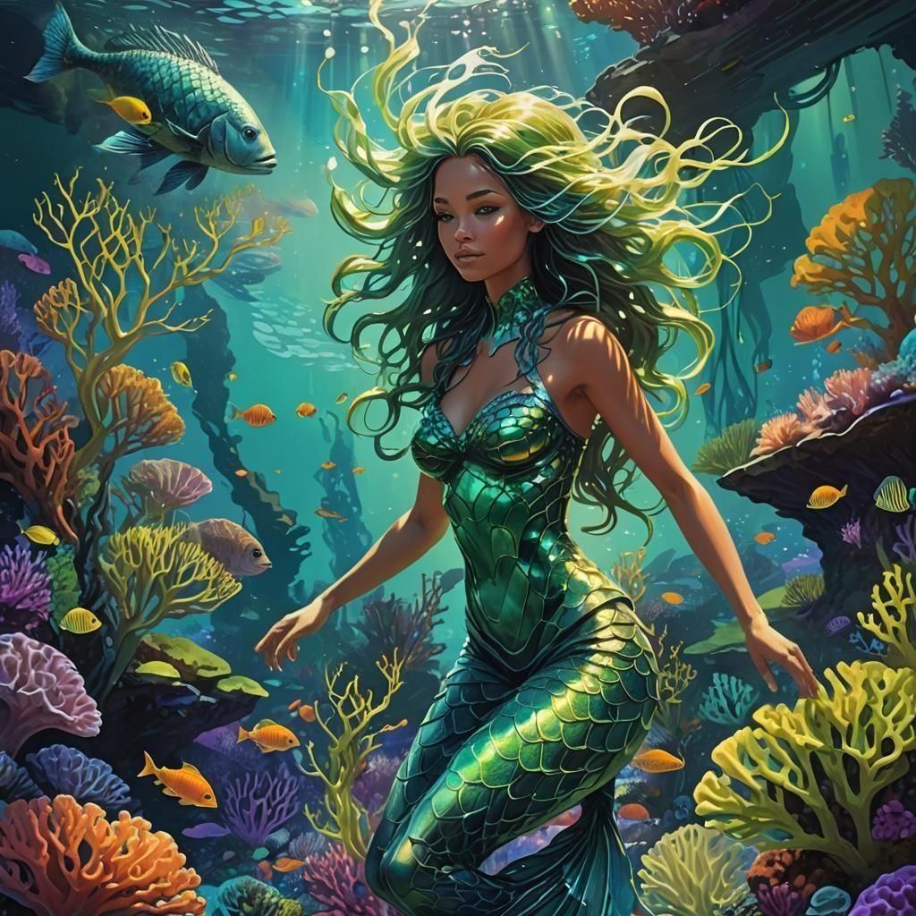 Enchanting Mermaid with Bioluminescent Fish, Digital Paintin...