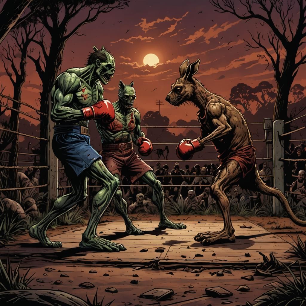 A fantasy boxing match between a zombie and a kangaroo -an o...