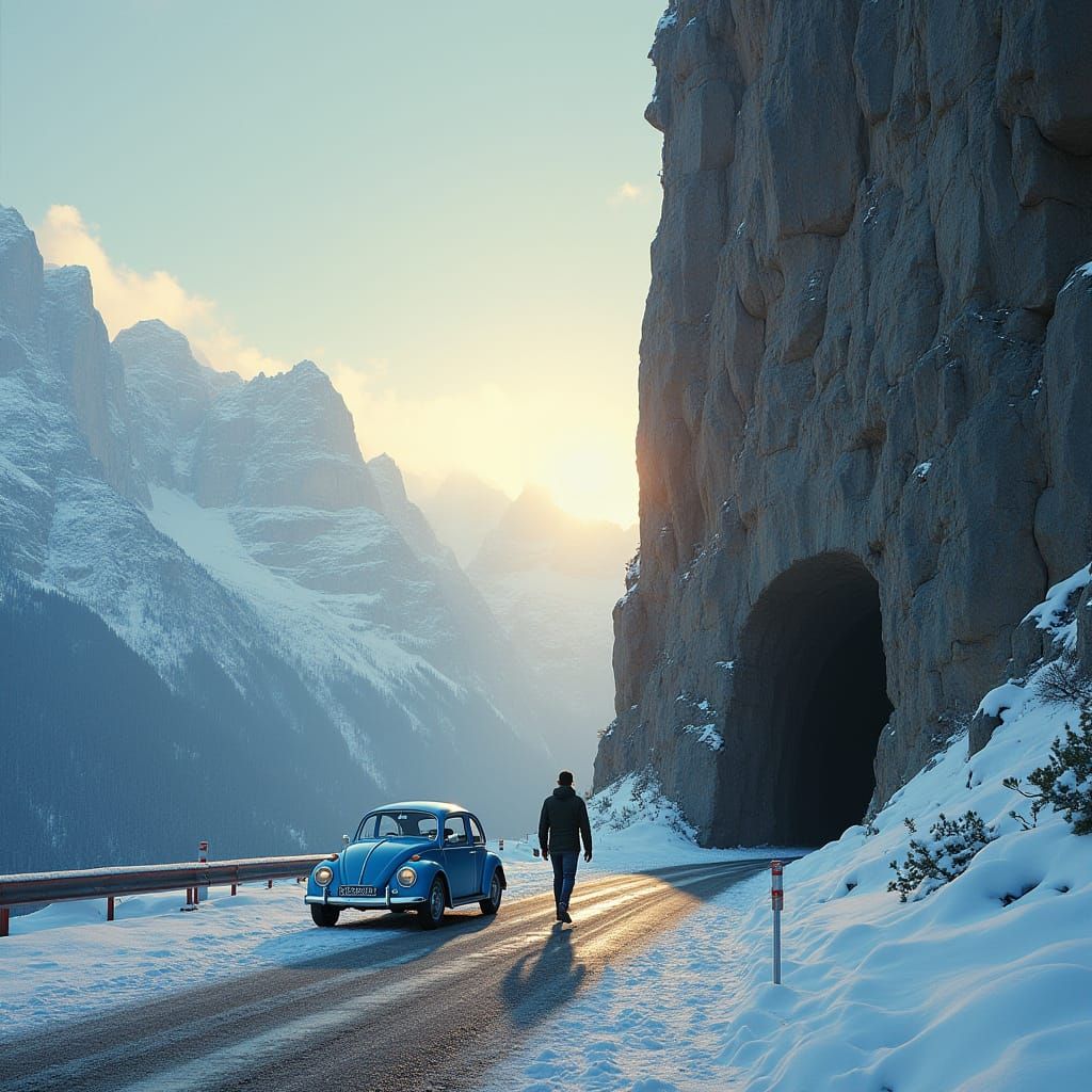 Blue VW Beetle Drives Through Snow To Mountain Tunnel