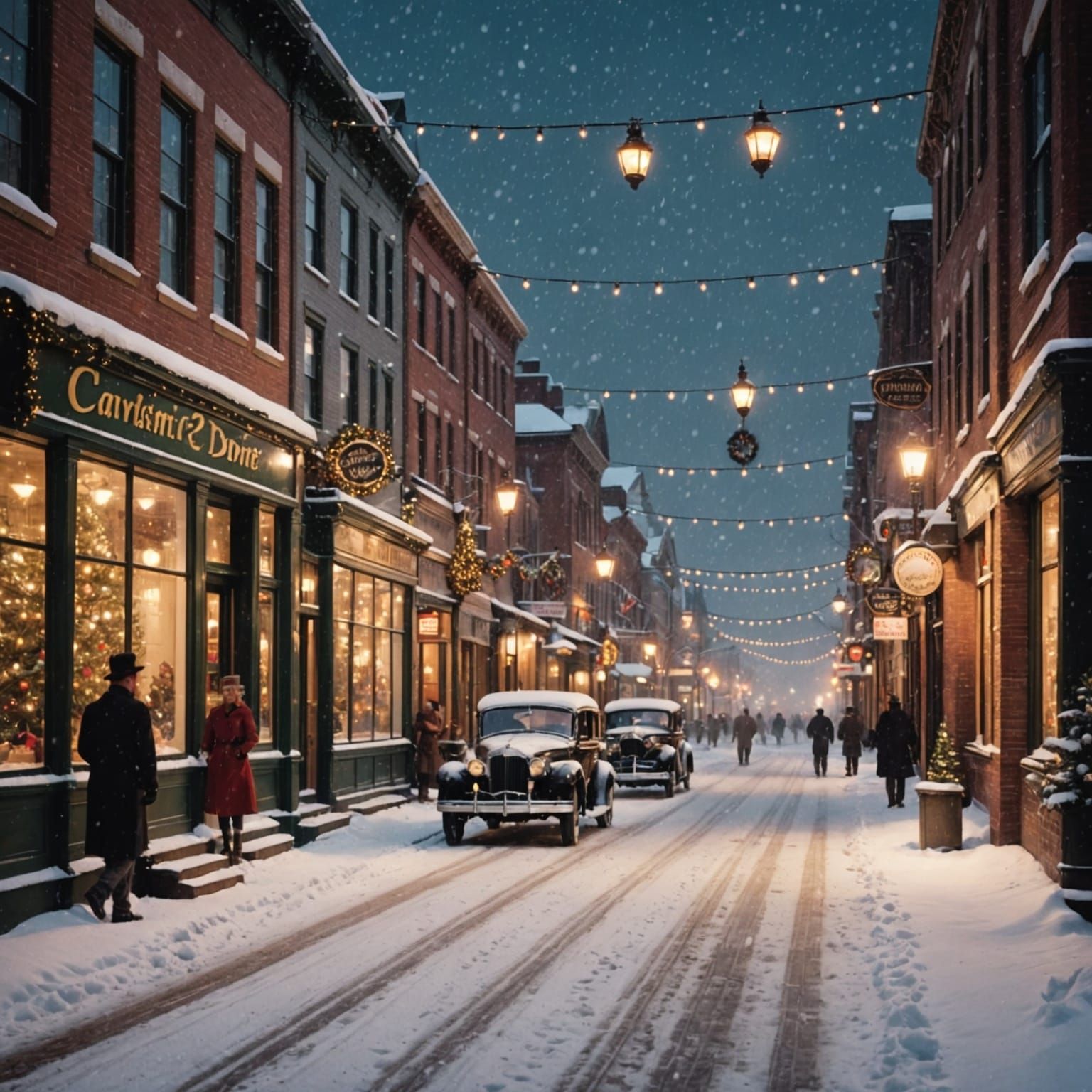 A snowy Christmas scene of an old timey main street,  with t...
