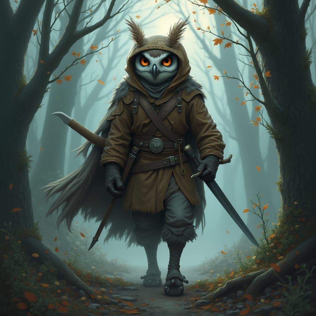 Whimsical Aarakocra Rogue in Mystical Moonlit Forest