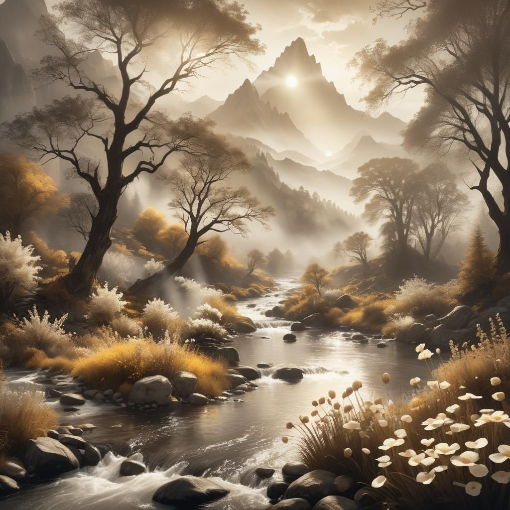 Sepia Lithograph: Flowers, Sun, Mountains, and Lady