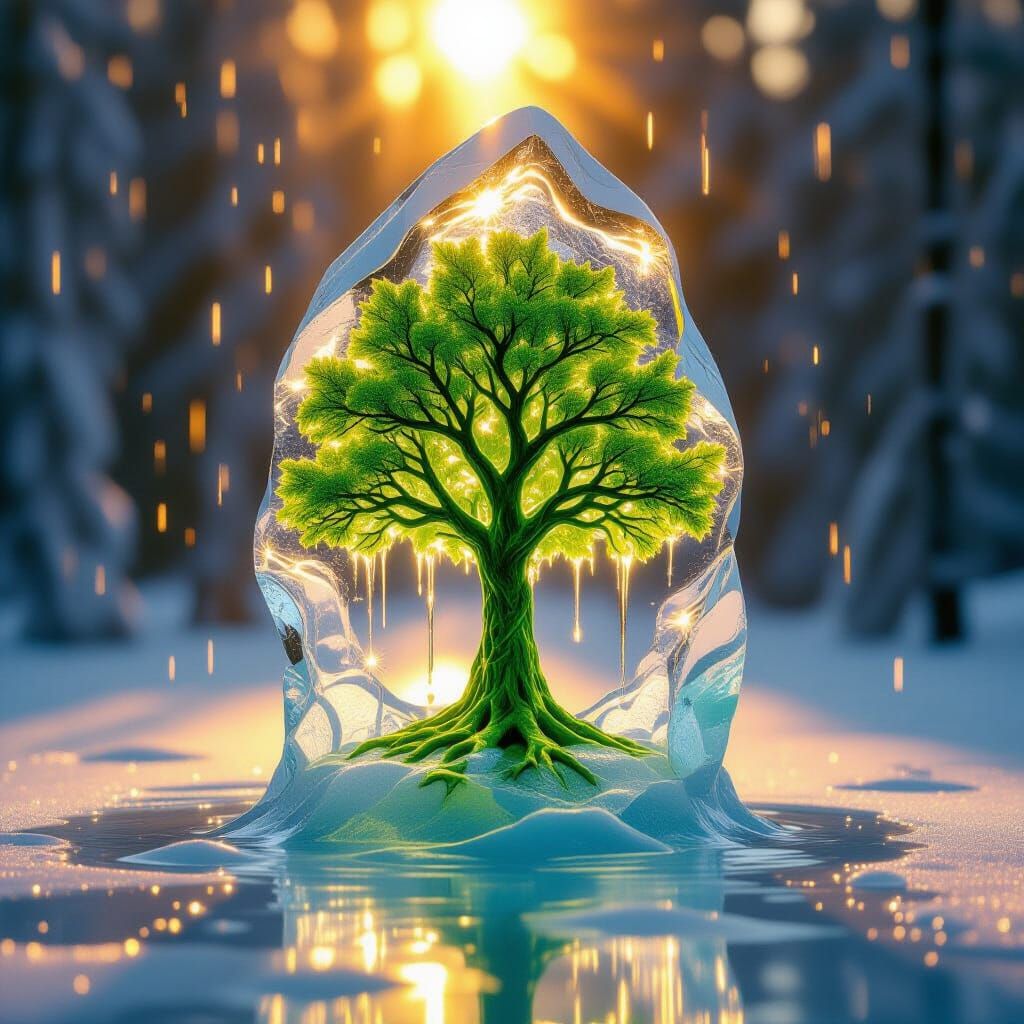 Melting Ice Sculpture with Tree, Realistic Digital Art