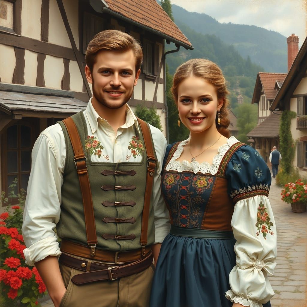 German Couple in Rhinelander Costume, Traditional Painting