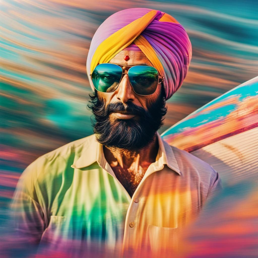 Punjabi Surfer in Multicolor Double Exposure Style