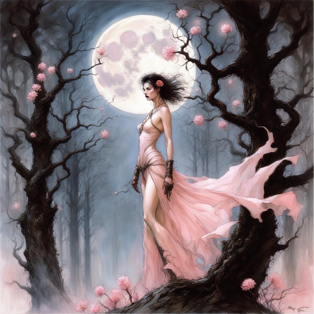 Moonlit Forest with Pink Flowers in Dark Fantasy Style