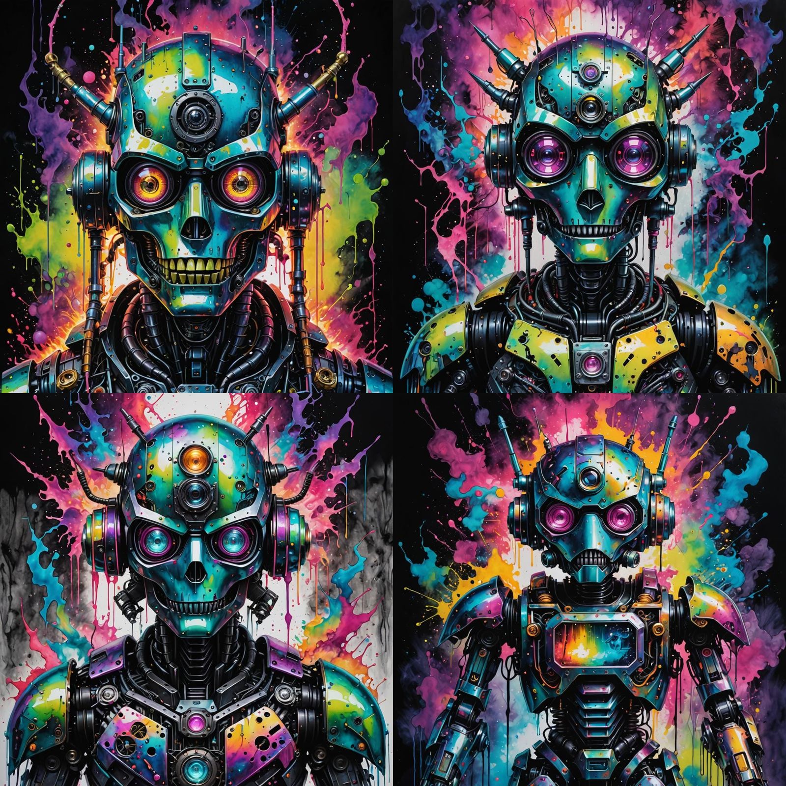 Create an artwork depicting a robot undergoing demonic possession, with iridescent pastel neon alcohol ink splash art, h...