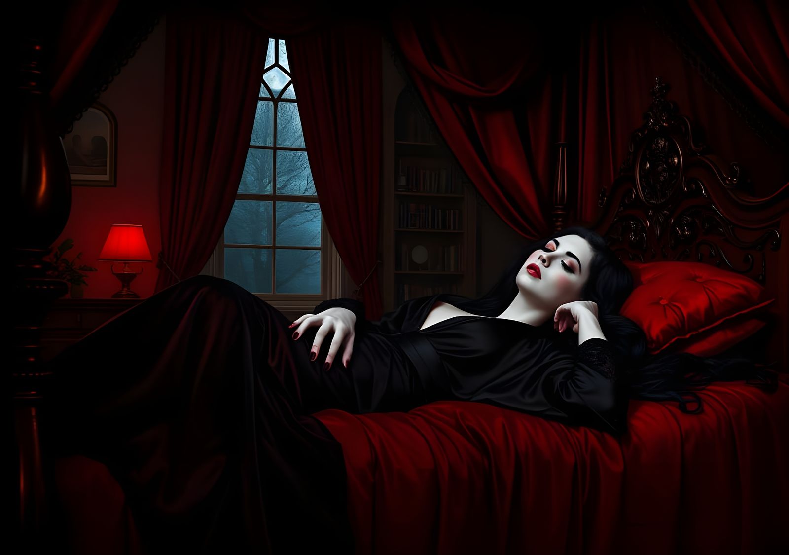 Vampire in Gothic Bedroom by Moonlight