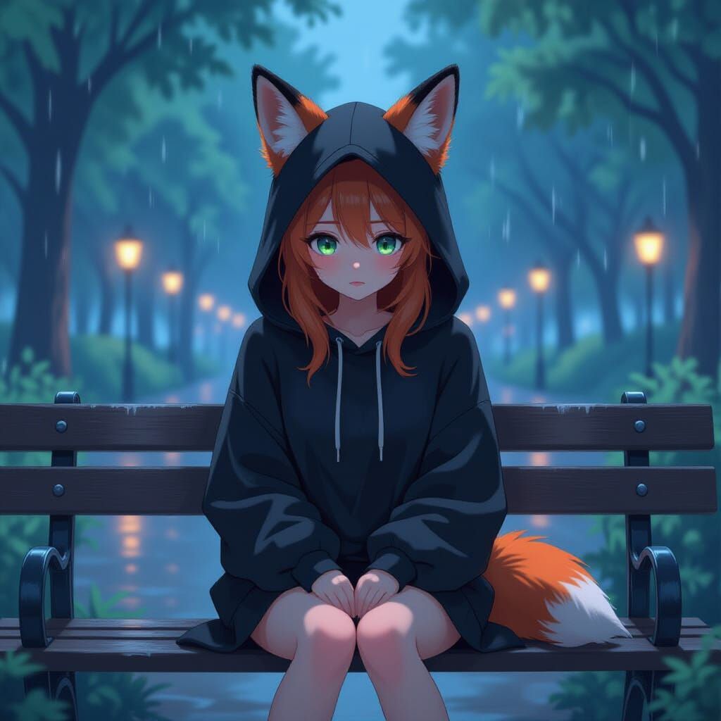 Melancholic Fox Girl in Rain, Anime Style