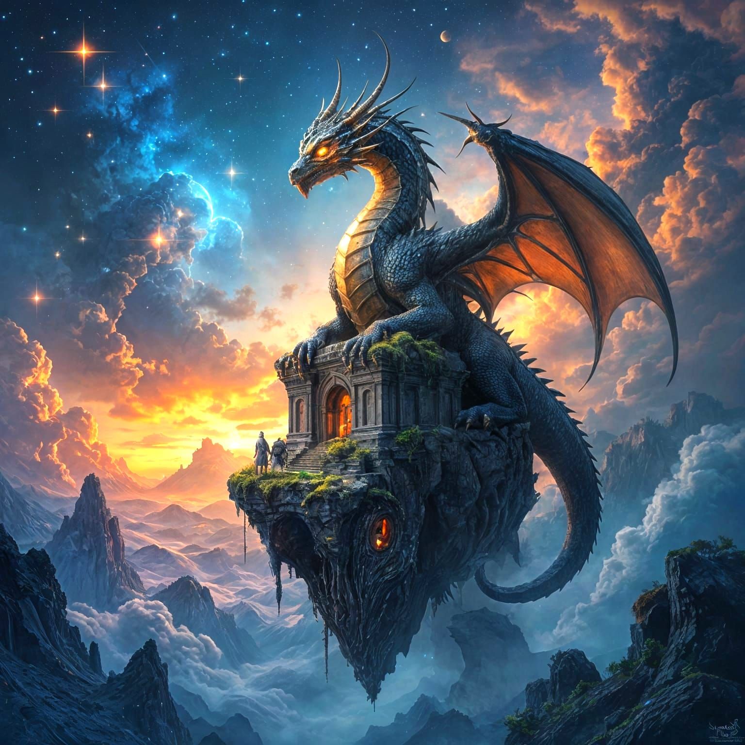 Ancient Dragon on Floating Ruins in Cosmic Nebula