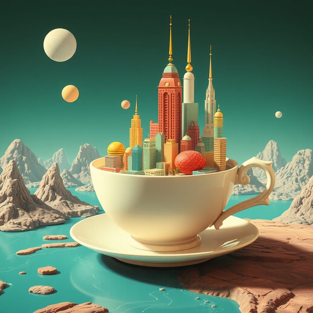Retrofuturist City in a Teacup Rendering