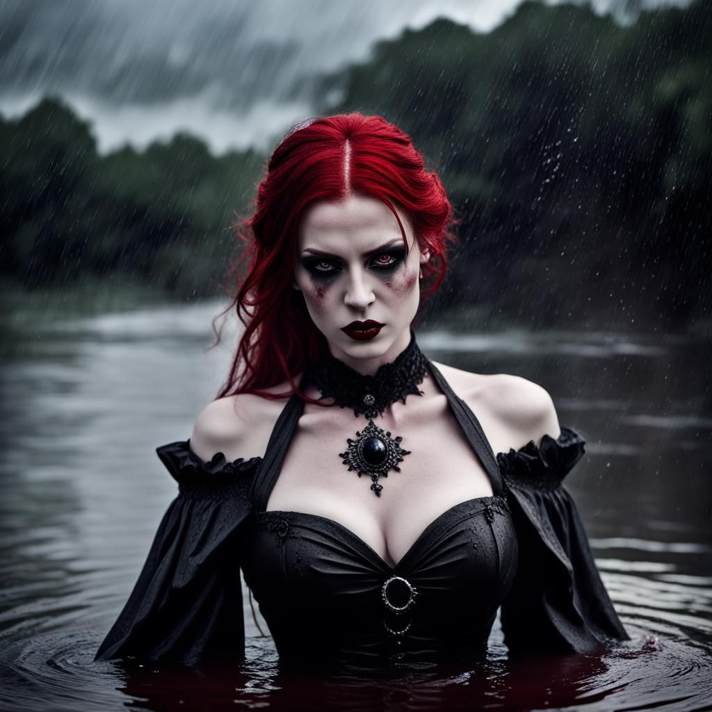 Goth Vampire in Stormy Lake: Dark Fantasy Portrait