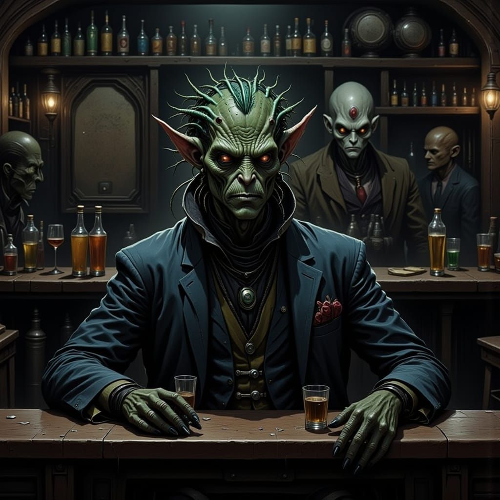 Alien and Sci-Fi Characters in a Dim Bar