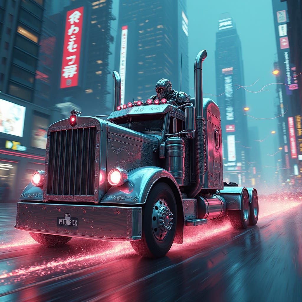 Cyberpunk Knight Rides Futuristic Semi-Truck