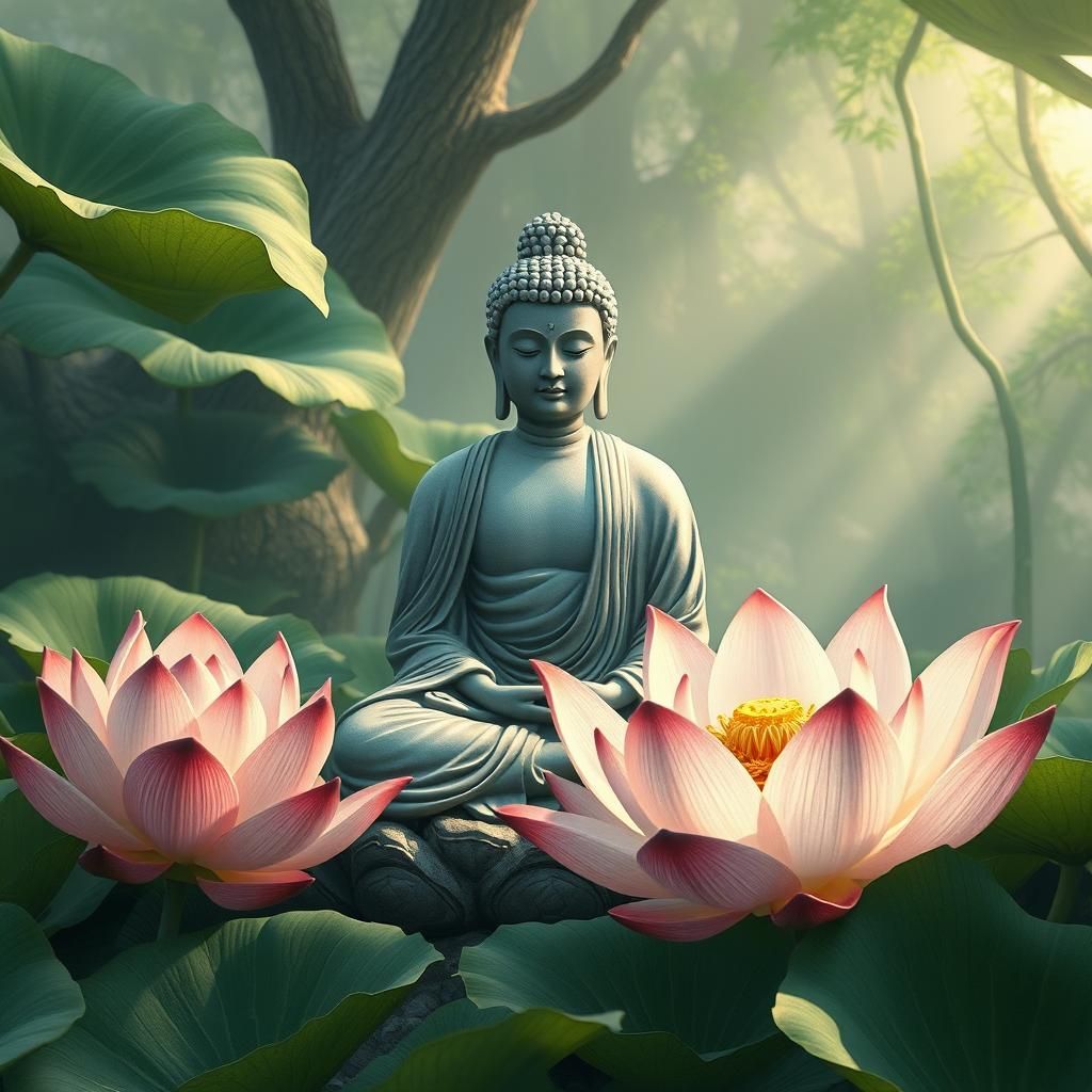 Zen Buddha in Lush Garden, Mystical Realism