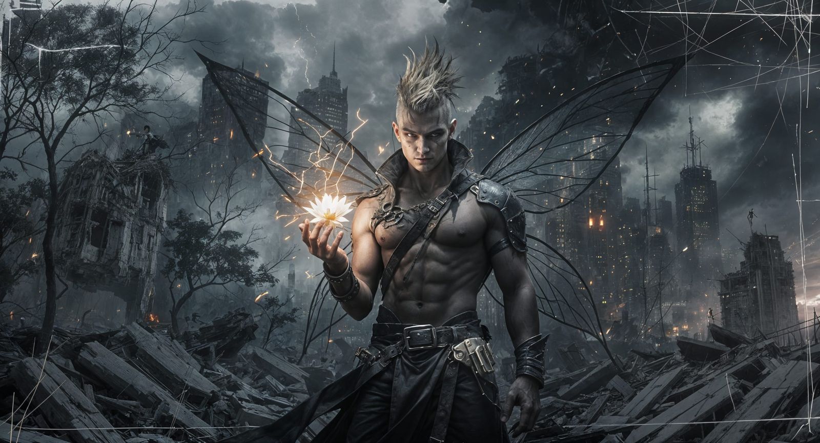 Defiant Fairy Punk in Dystopian Ruins