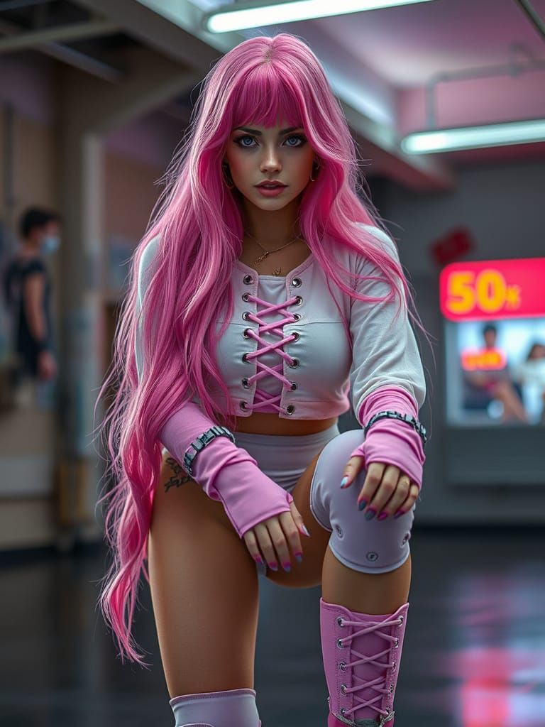 Pink-Haired Woman on Roller Skates in Photorealistic Style